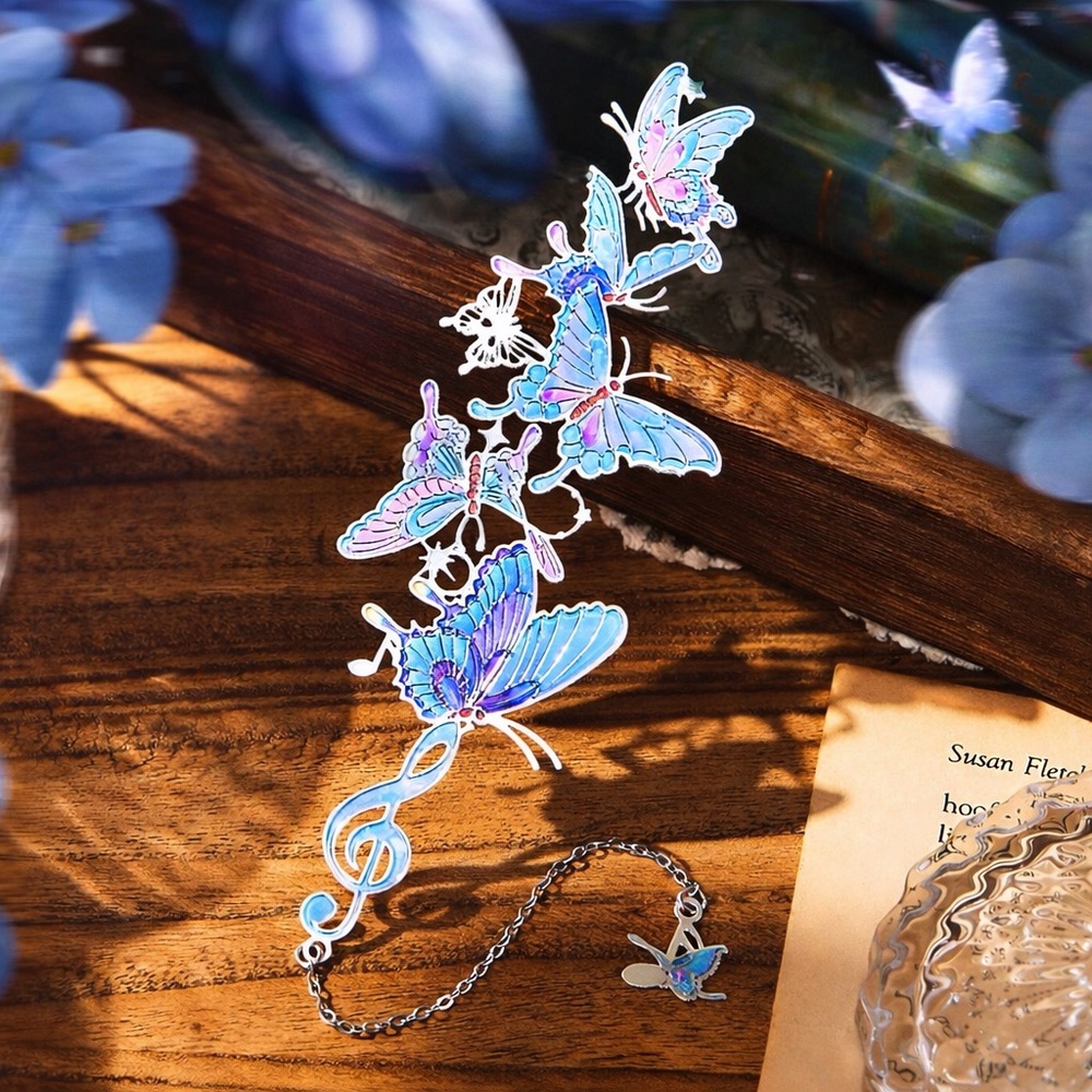 Dancing Blue Butterflies Metallic Bookmark w/Butterfly Music Note Charm Chain